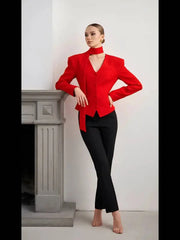 Padded Shoulder V-Neck Blazer With Scarf