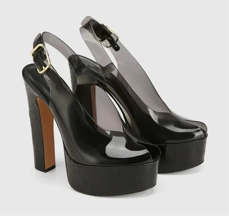 Black patent platform cork heel slingback heels