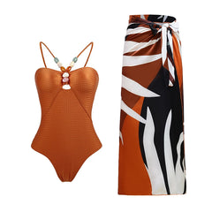 One-Shoulder Swimsuit with Oversized Flower Detail and Matching Printed Sarong Set