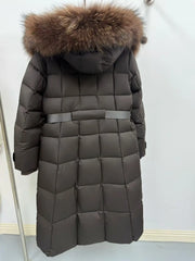 Long dark gray puffer coat with a fur-lined hood