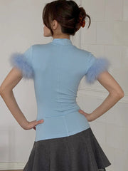 Mock Neck Feather Trim Sleeve Top