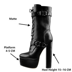 Close-up of black matte platform ankle boots with detailed measurements