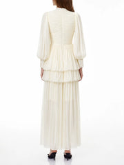 Stand collar lantern sleeve maxi dress back view
