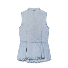 Mandarin Collar Peplum Denim Sleeveless Top