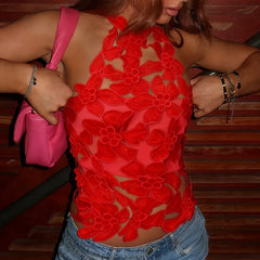 Floral Cutout Mock Neck Halter Top