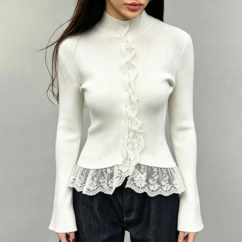 Ribbed lace trim mock neck top white studio