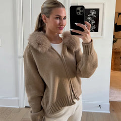 Hooded Faux Fur Trim Knit Jacket