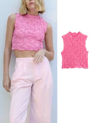 Textured Pink Cropped Stand Collar Top