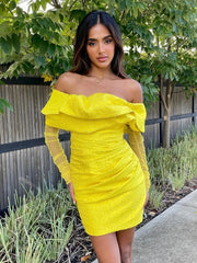 Off Shoulder Jacquard Yellow Mesh Mini Dress