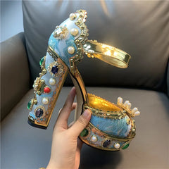 Gold Rhinestone Peep Toe Heels | Platform Leather Sandals for Women