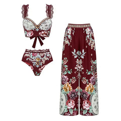 Burgundy Floral Print Two-Piece Swimsuit