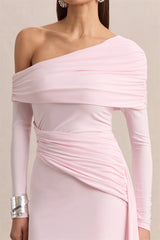 Diagonal Collar Ruched Draped Mini Dress