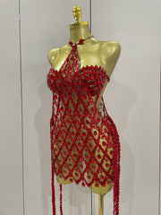 High Choker Neck Diamond Mesh Mini Dress