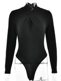 Round Neck Ruched Long Sleeve Solid Bodysuit For Women
