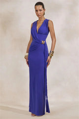 Draped Sleeveless With Gold Accessory Maxi Dress