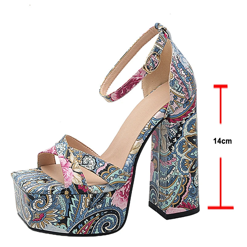 Floral print platform block heel sandal with height measurement