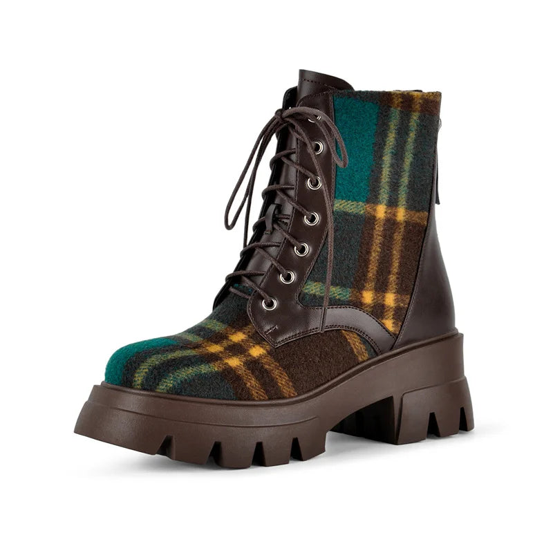 Plaid platform block heel boots front view