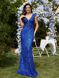 Sequin Long Mermaid Deep V-neck Prom Gowns For Women