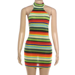 Striped Knit Halter Backless Mini Dress