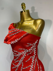 One Shoulder Diagonal Collar Beaded Long Dress