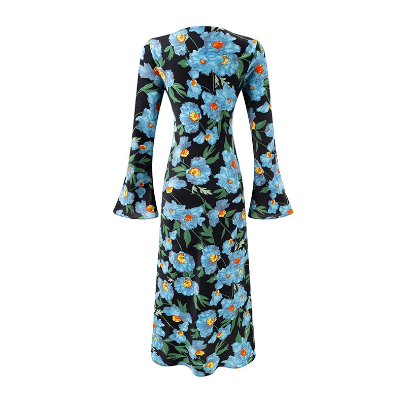 Back view of a floral print midi dress with bell sleeves