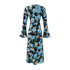Back view of a floral print midi dress with bell sleeves