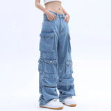 Pocket Solid Color Loose Wide-Leg Cargo Jeans Pant