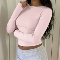 Ribbed crew neck long sleeve top in light pink, folded detail