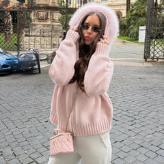 Hooded Faux Fur Trim Knit Jacket