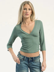V neck three quarter sleeve crop top in green