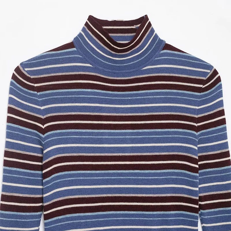 Striped turtleneck sweater with blue, brown, and white colors on a white background