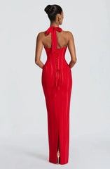 Halter Neck Corset Boned Bodycon Maxi Dress