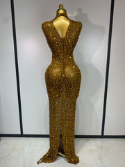 Rhinestone High Neck Sleeveless Dress
