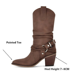 Side profile of faux suede block heel boot with strap detail