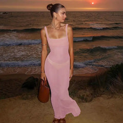 Vibrant mesh party dress with slim silhouette- pink, front