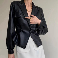 Suit Collar One Button Pocket Thin PU Leather Short Coat . Golden Atelier 2