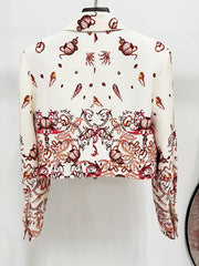 Sea Print Cropped Jacket Wide Leg Pants Three-Piece Set