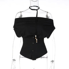 Off-Shoulder Ruched Bodice Top with Button Front