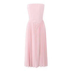 Pink strapless dress with pleated skirt on a white background
