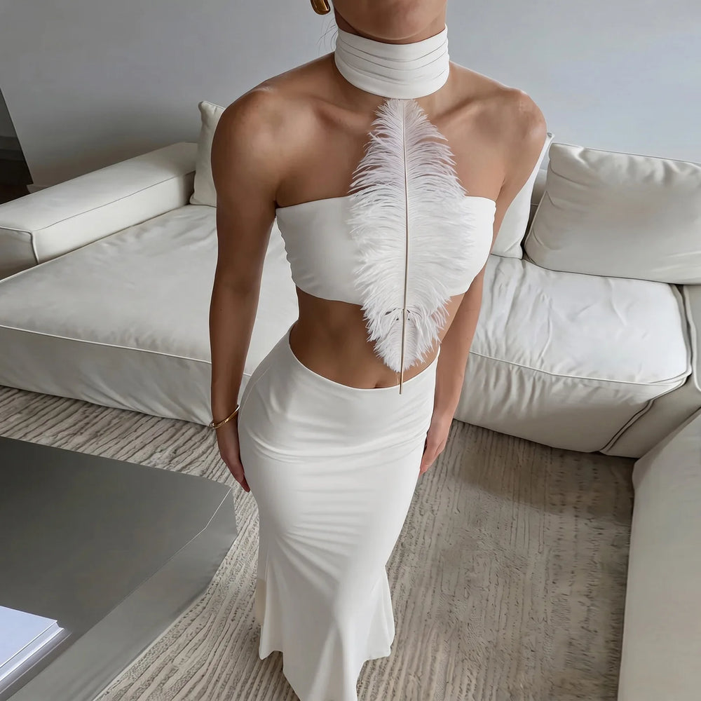 Close-up of the feather embellishment on a halter neck tube top and skirt set