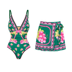 Grape Print Ruffled Swimsuit and Maxi Skirt Set