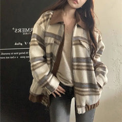 Plaid Turn-down Collar Loose Zipper Jacket