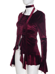 Velvet Asymmetrical Buttoned Ruffle Hem Top