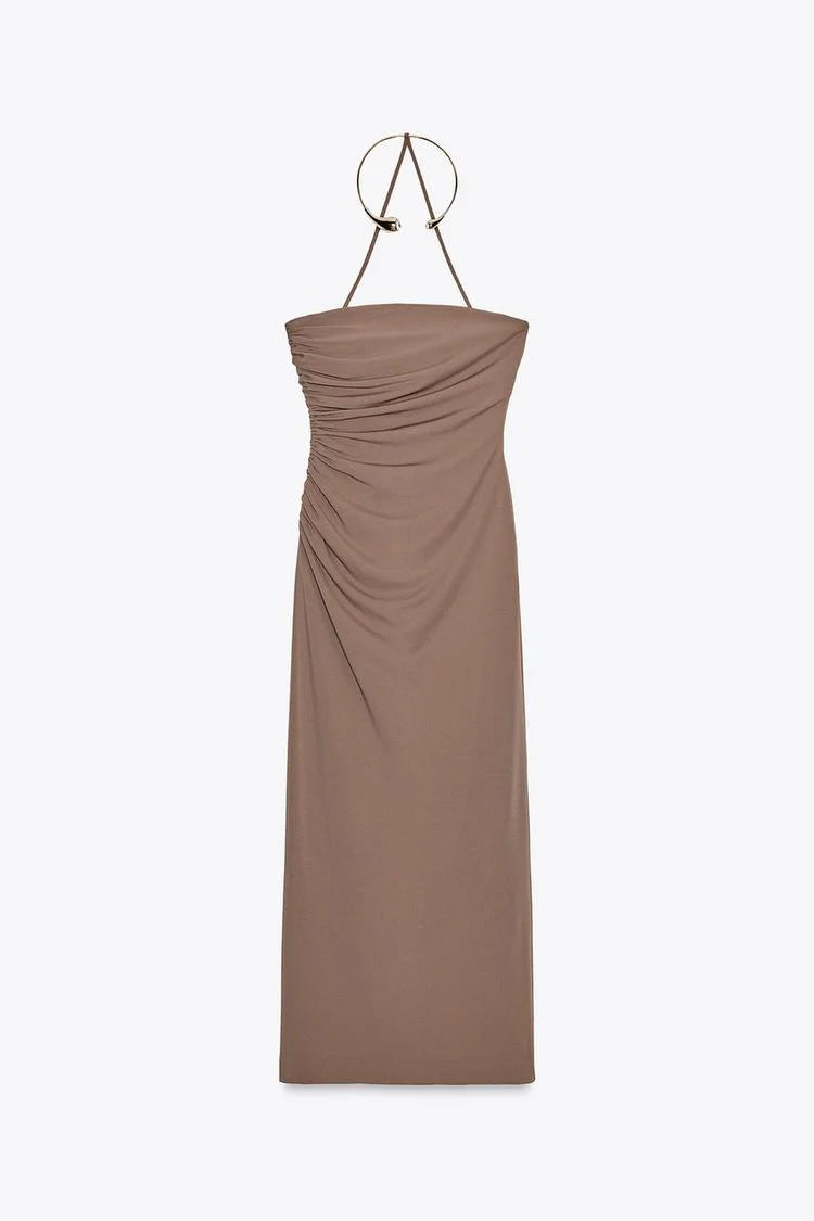 Brown strapless dress on a white background