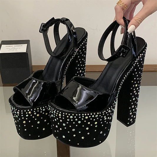 Crystal chunky platform heels with open toe and ankle strap