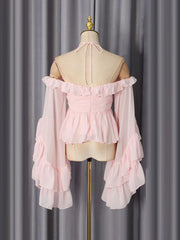 Pink Halter Cold Shoulder Ruffle Top and Maxi Skirt Set