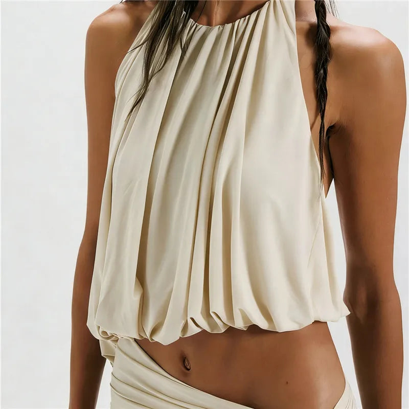 Cream gathered halter crop top