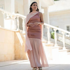 Satin Scarf Neck Ruched Maxi Dress