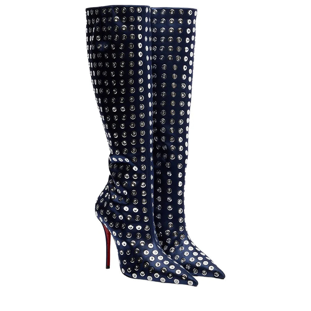 Navy blue knee-high boots with silver studs