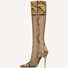 Snake Print Mesh Stiletto Boots